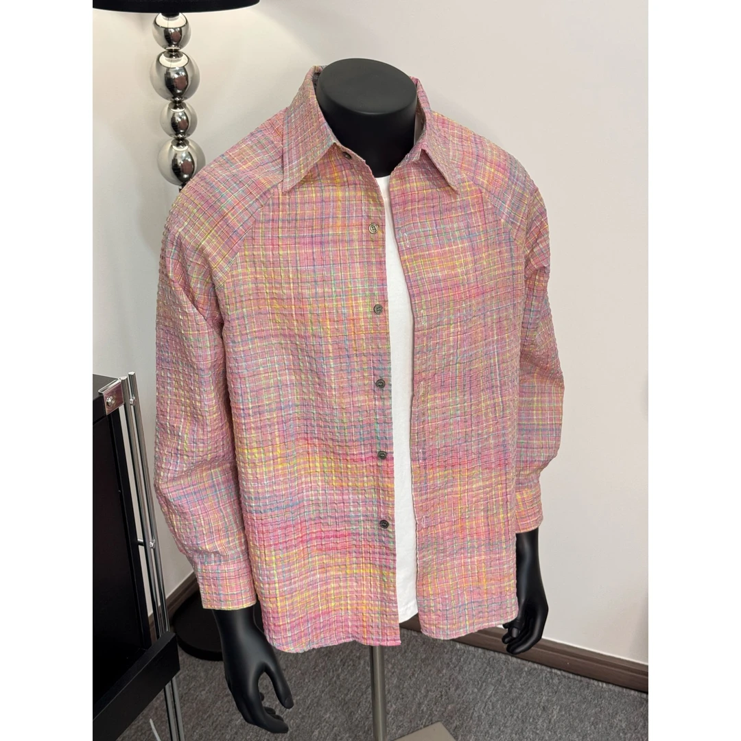 韩版休闲格纹泡泡棉衬衫男女同款慵懒宽松外套春秋潮流百搭长袖