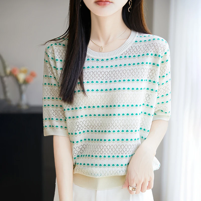 2025新款夏季女士天丝宽松上衣设计感提花套头镂空显瘦针织衫女