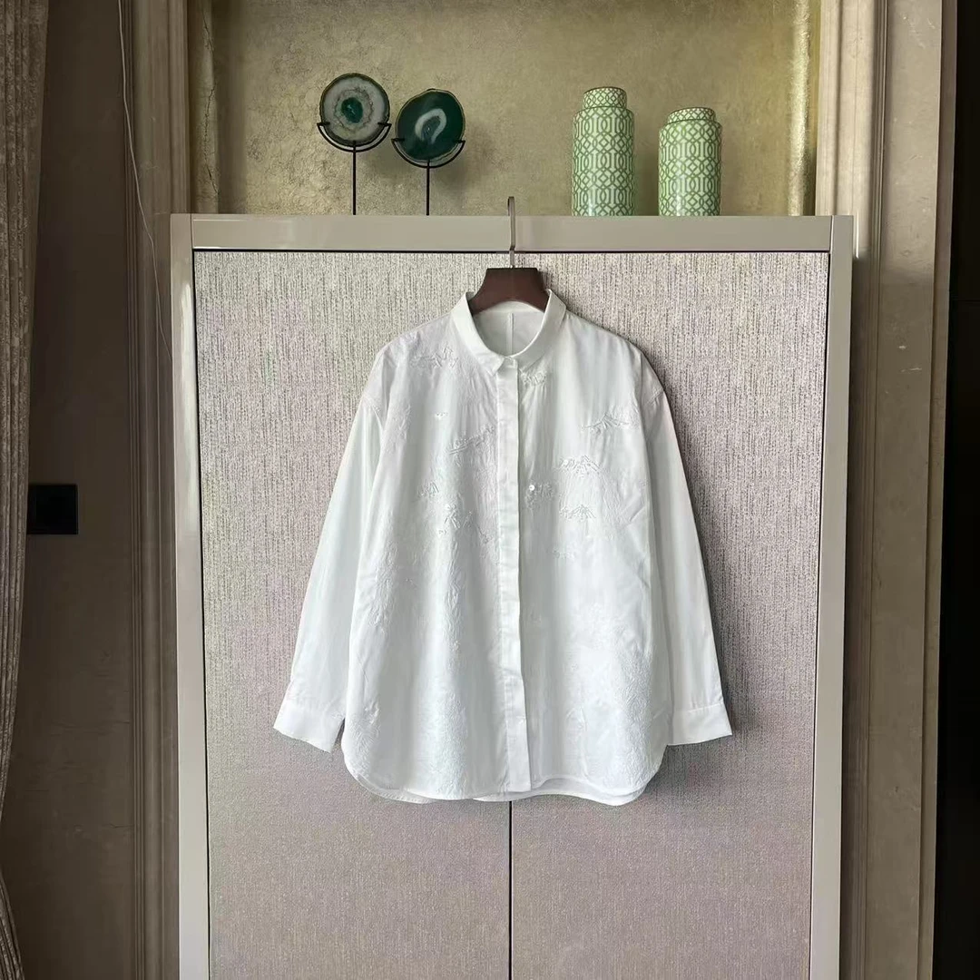 棉衬衫简约立领绣花纯色休闲时尚气质长袖百搭