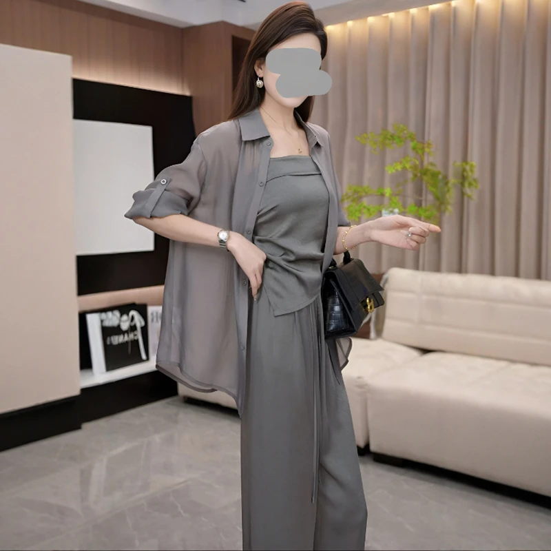 2026夏季气质休闲套装防晒衬衫吊带背心阔腿裤显瘦女神范三件套装