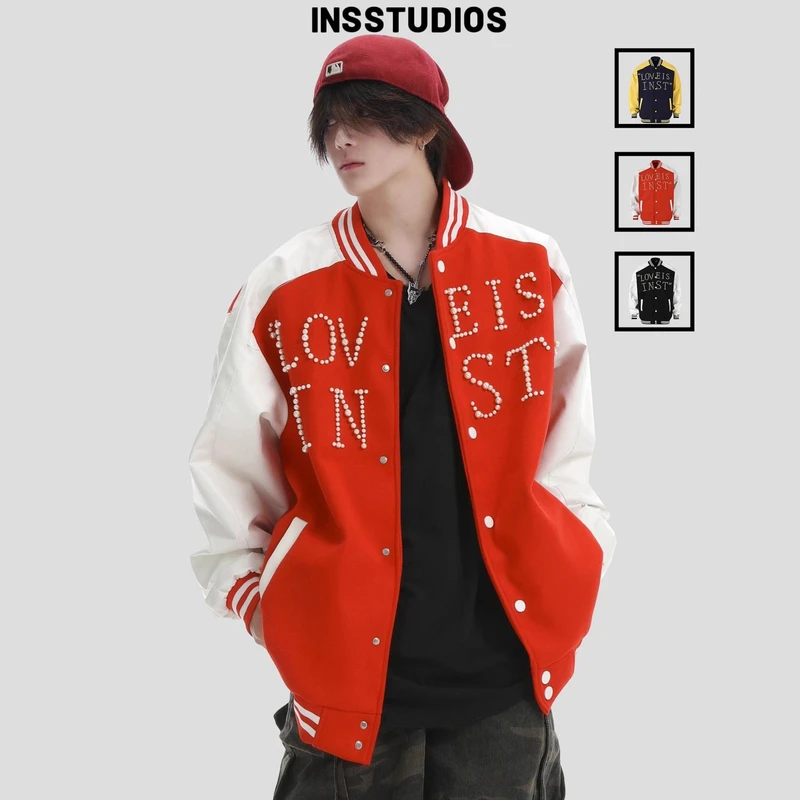 INSstudios国潮牌情侣美式珍珠排版LOGO棒球服外套宽松撞色夹克