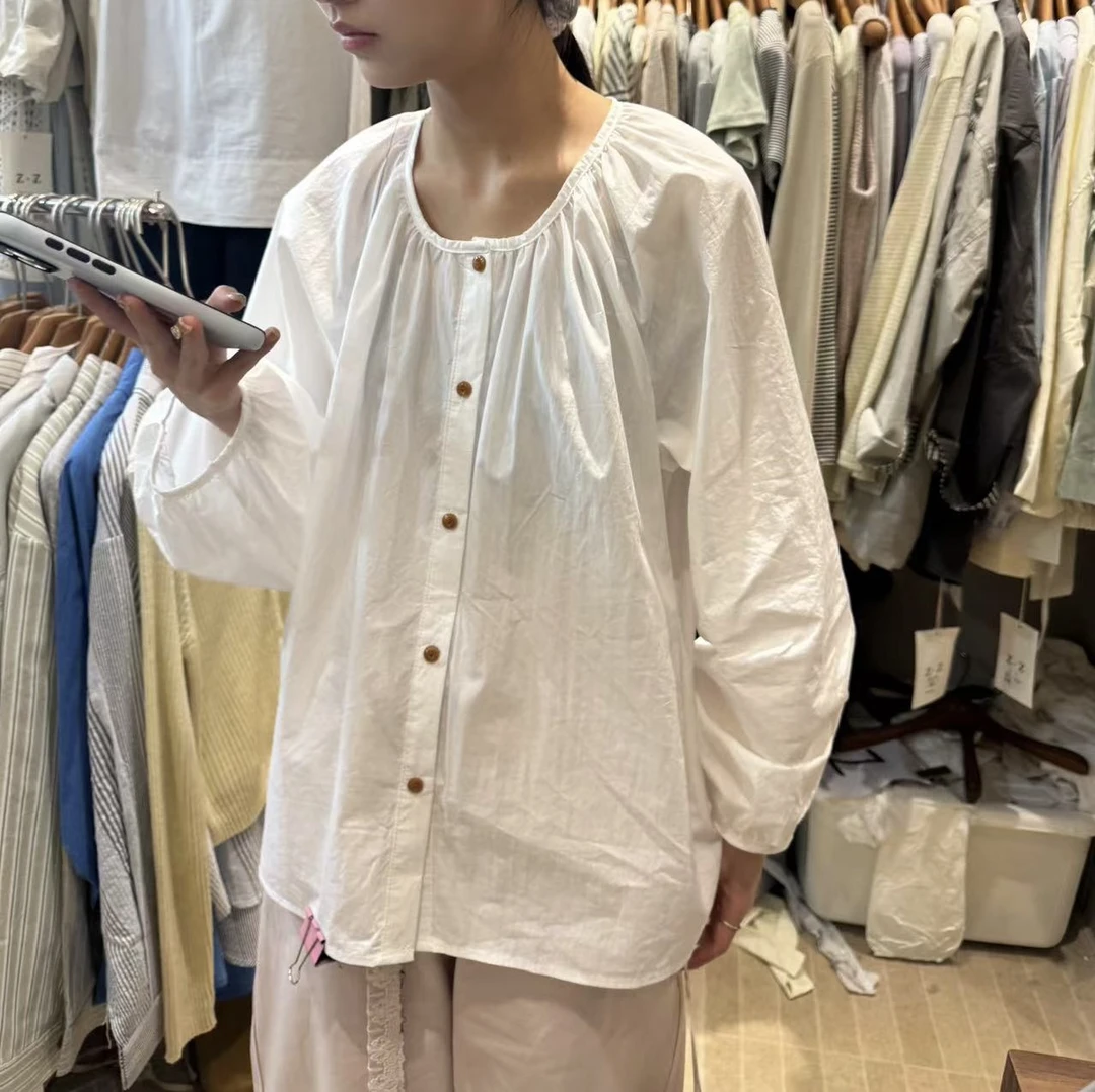 3188#圆领简约扣子衬衣小衫