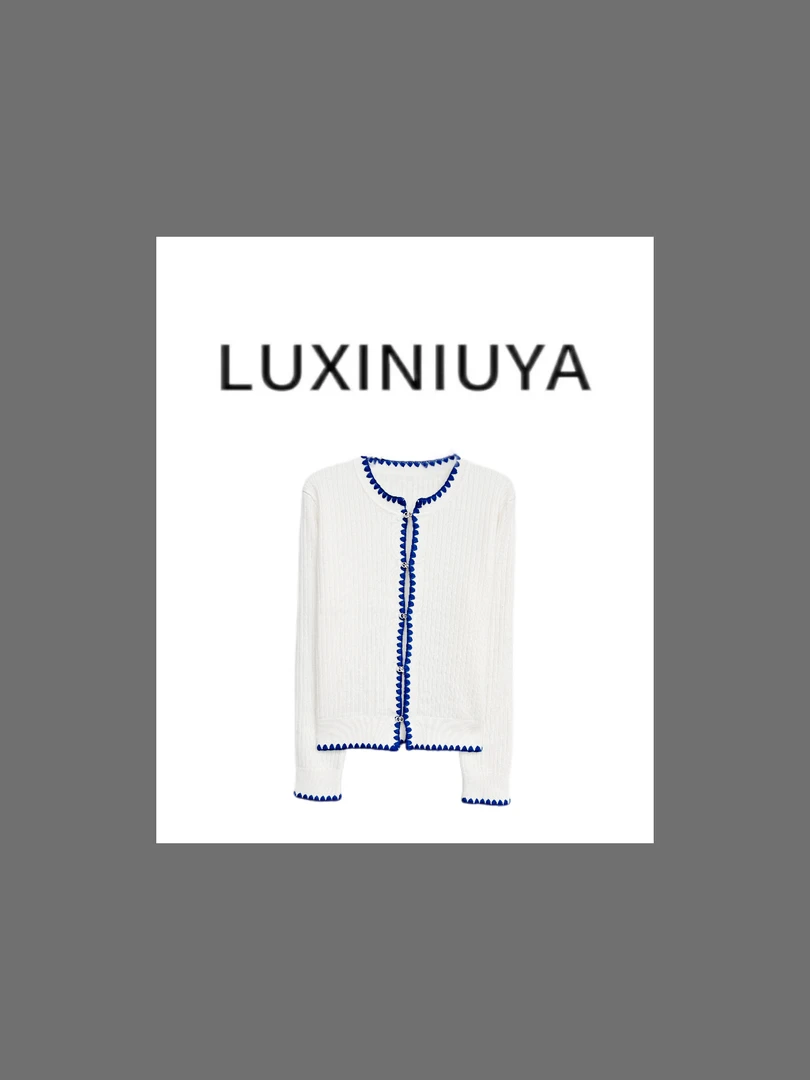 【LUXINIUYA】100羊毛 新款手钩贝壳绣撞色花边坑条针织开衫#QDS255