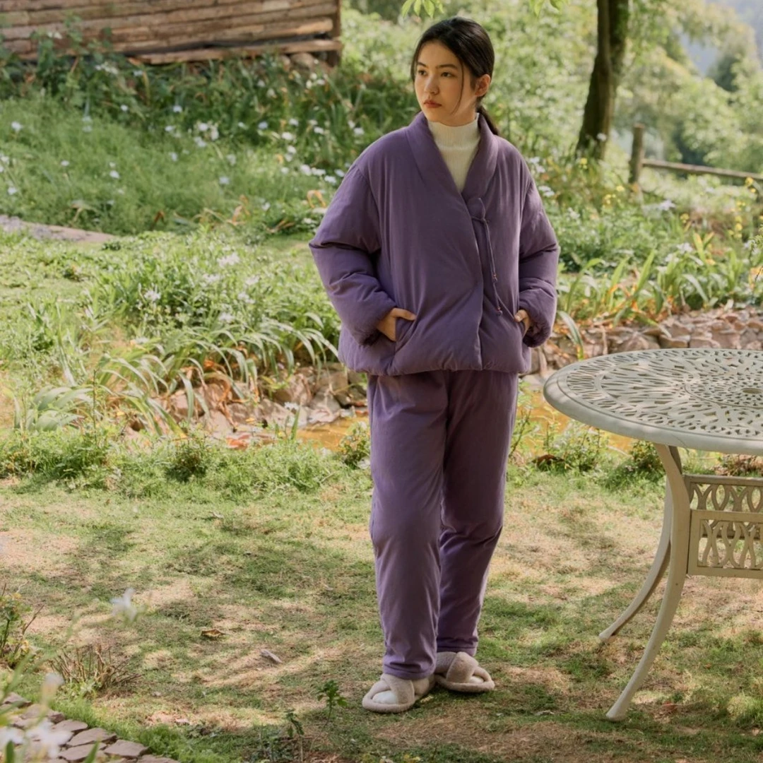 【蟲子姐姐专属】朵朵可可252-036女冬V领紫色羽绒保暖家居服套装