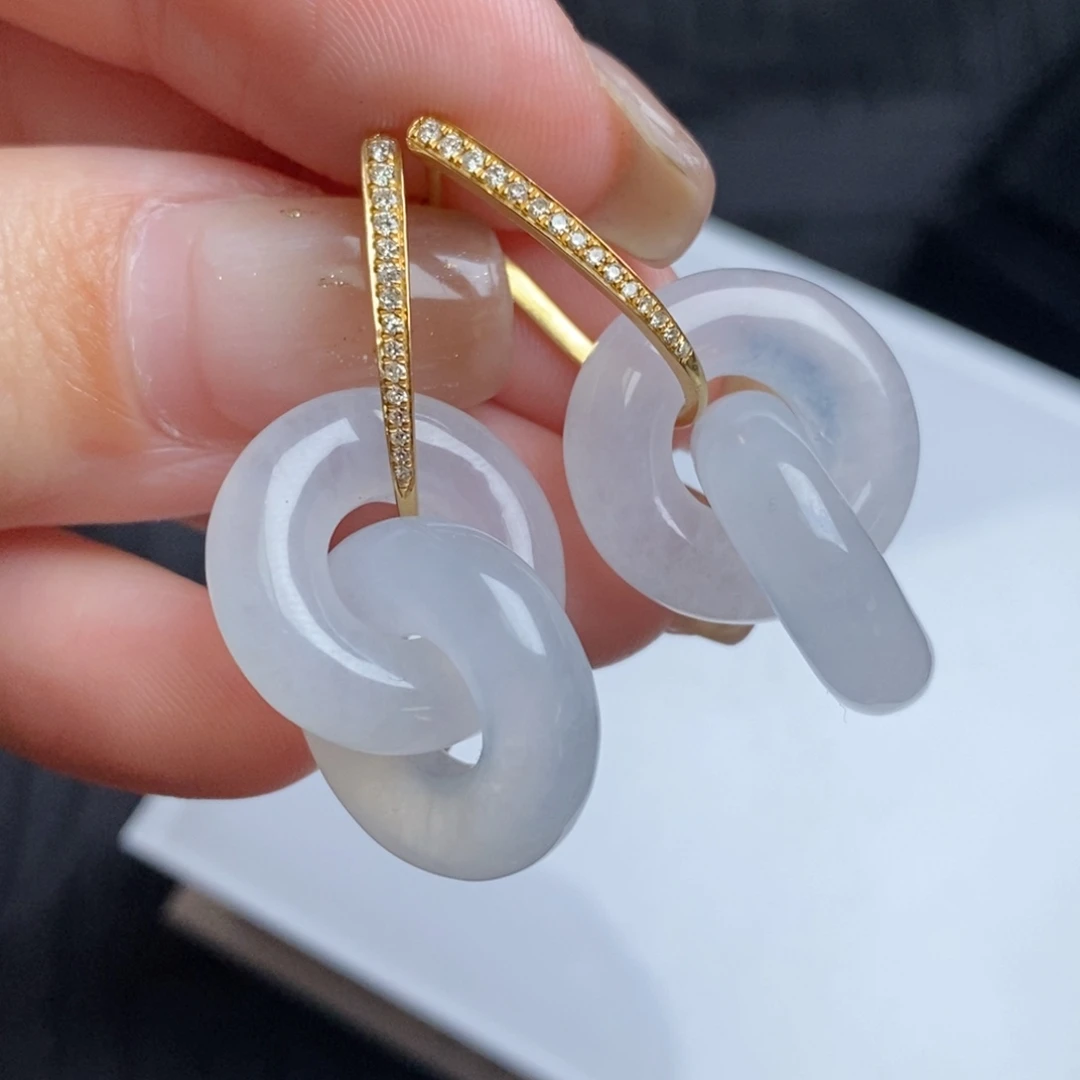 翡翠18K金镶嵌耳饰高冰双环