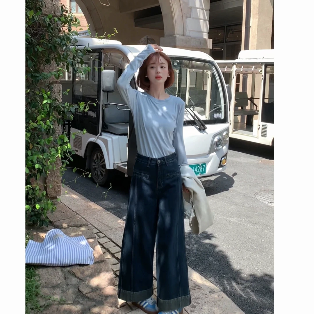 【雾蓝雪媚】秋季圆领长袖T恤修身防晒基础打底衫 4262 Q