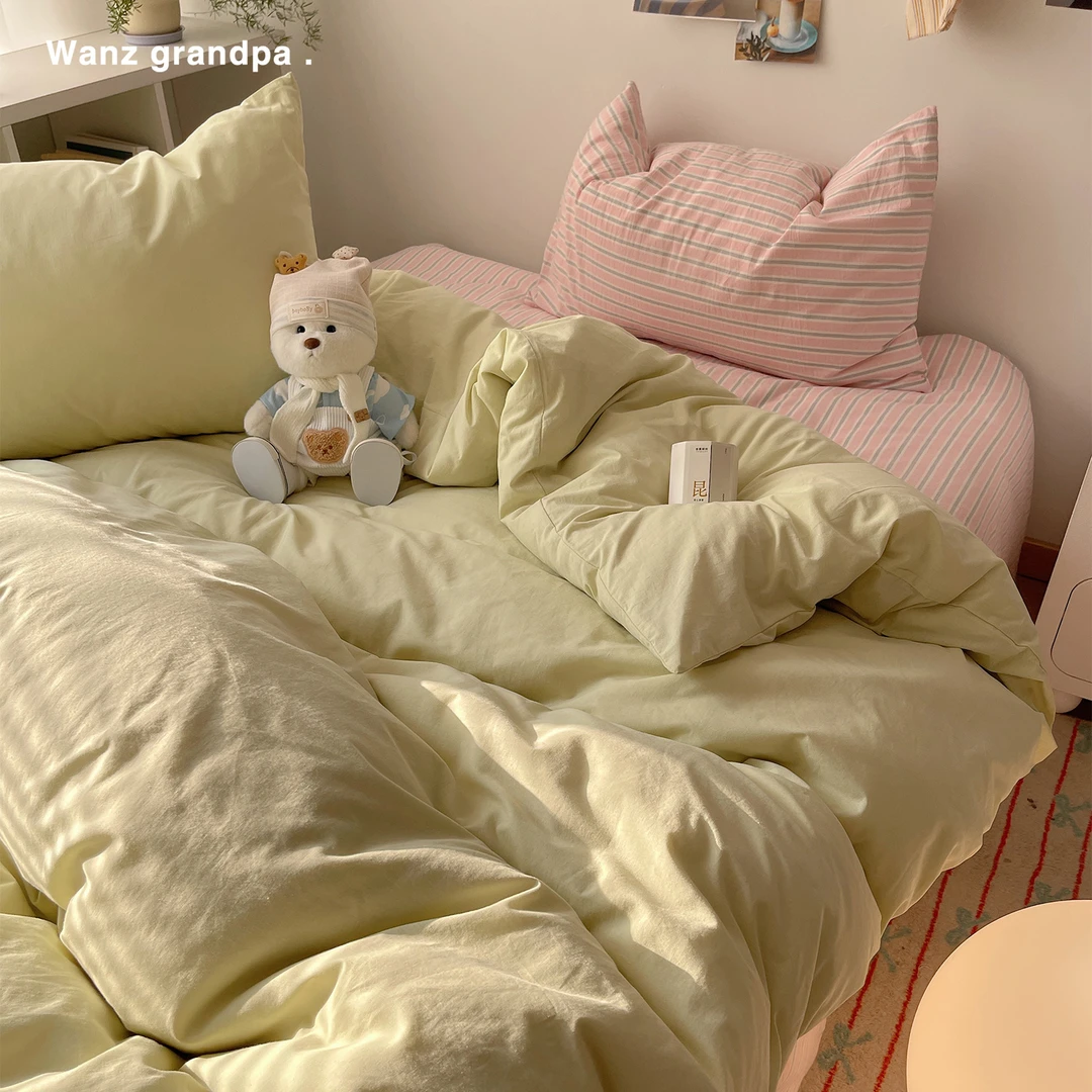 奶油韩风混搭纯棉水洗棉四件套简约条纹条纹全棉被套1.5m床单床笠