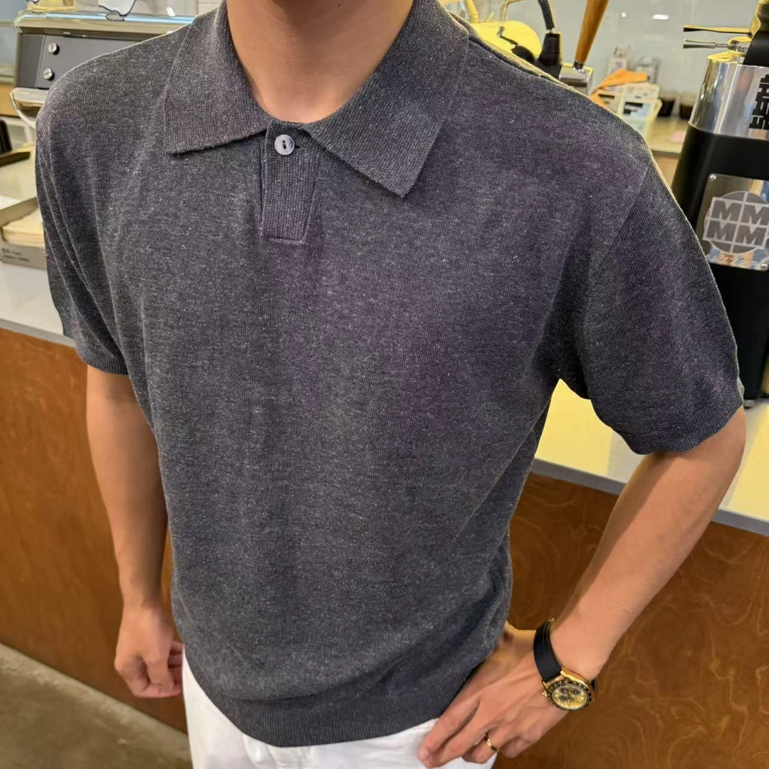 男士日常夏季短袖宽松型薄款T恤翻领灰色清痞帅慵懒风男装