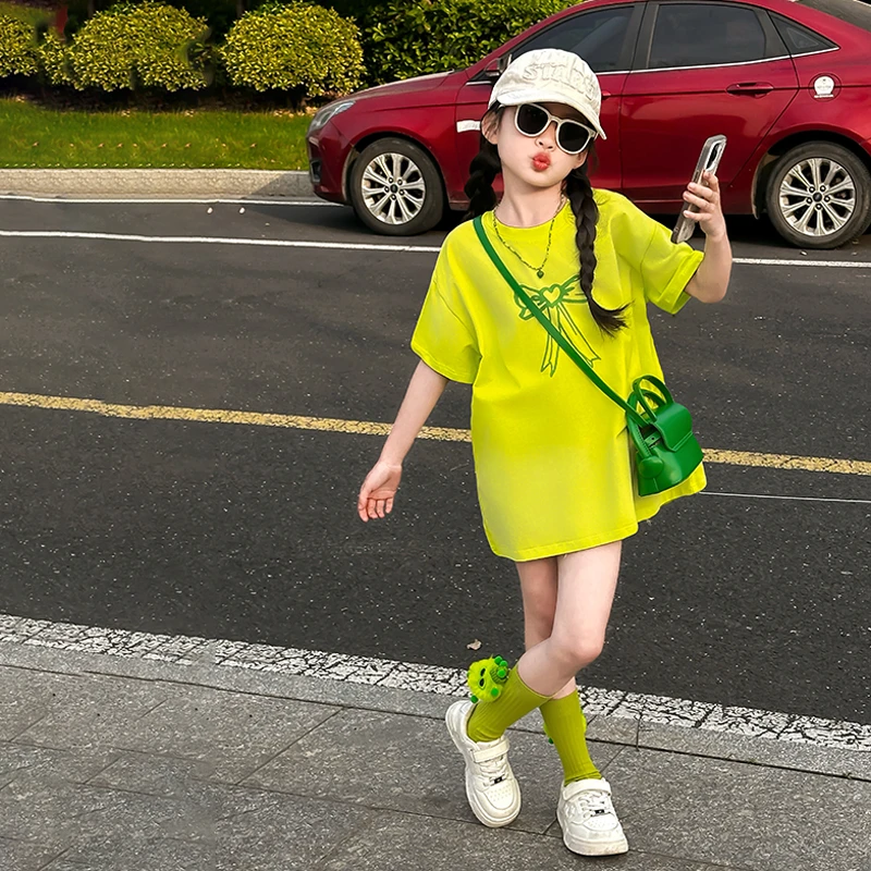 六六公主女童短袖T恤2025夏季新款蝴蝶结印花上衣25S116