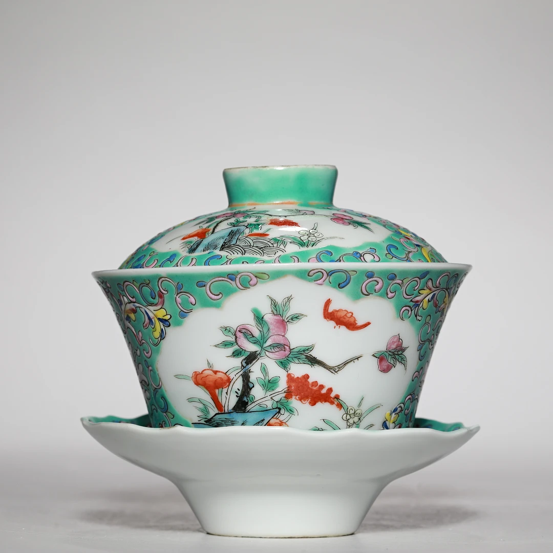 3374民国·松石绿地粉彩开窗福寿纹三才盖碗【古董拍卖】