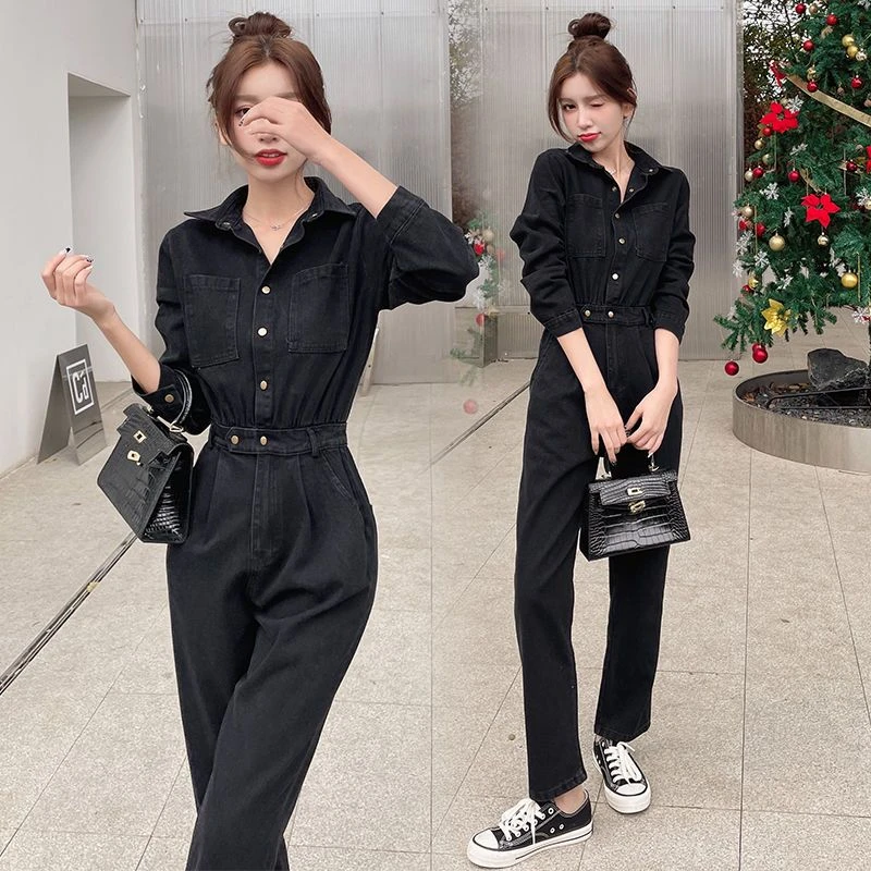 港味黑色翻领长袖连身早秋炸街工装收腰小个子休闲牛仔连体秋装
