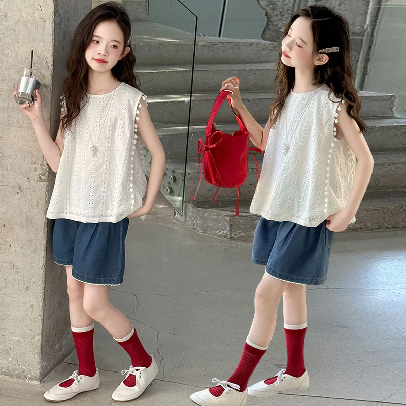 女童夏季休闲套装2025新款中大儿童洋气时尚镂空背心薄款牛仔短裤