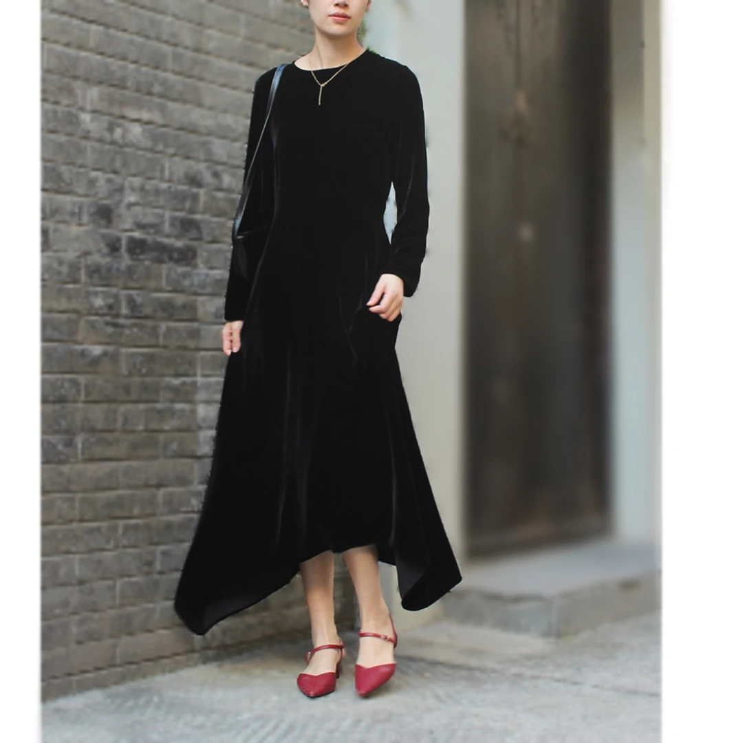 清风集【露华浓轻礼裙】桑蚕丝优雅不规则黑色丝绒礼服长款连衣裙