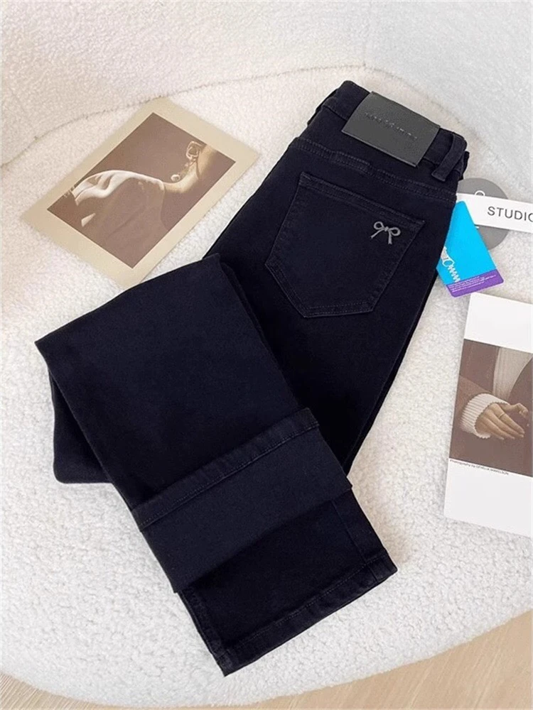 微胖大码黑色牛仔女春夏胖MM九分显瘦弹力直筒烟管裤子