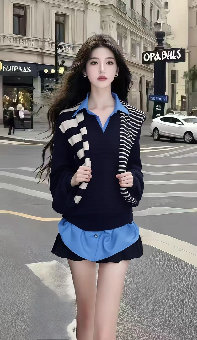 秋冬新款氛围感穿搭蓝色翻领打底衬衫+黑色长袖修身时尚百搭外套