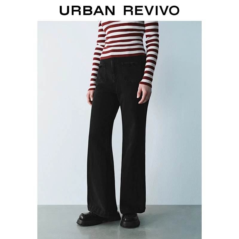 UR2025秋季新款女装时髦双口袋饰修身喇叭牛仔长裤UYY850181+