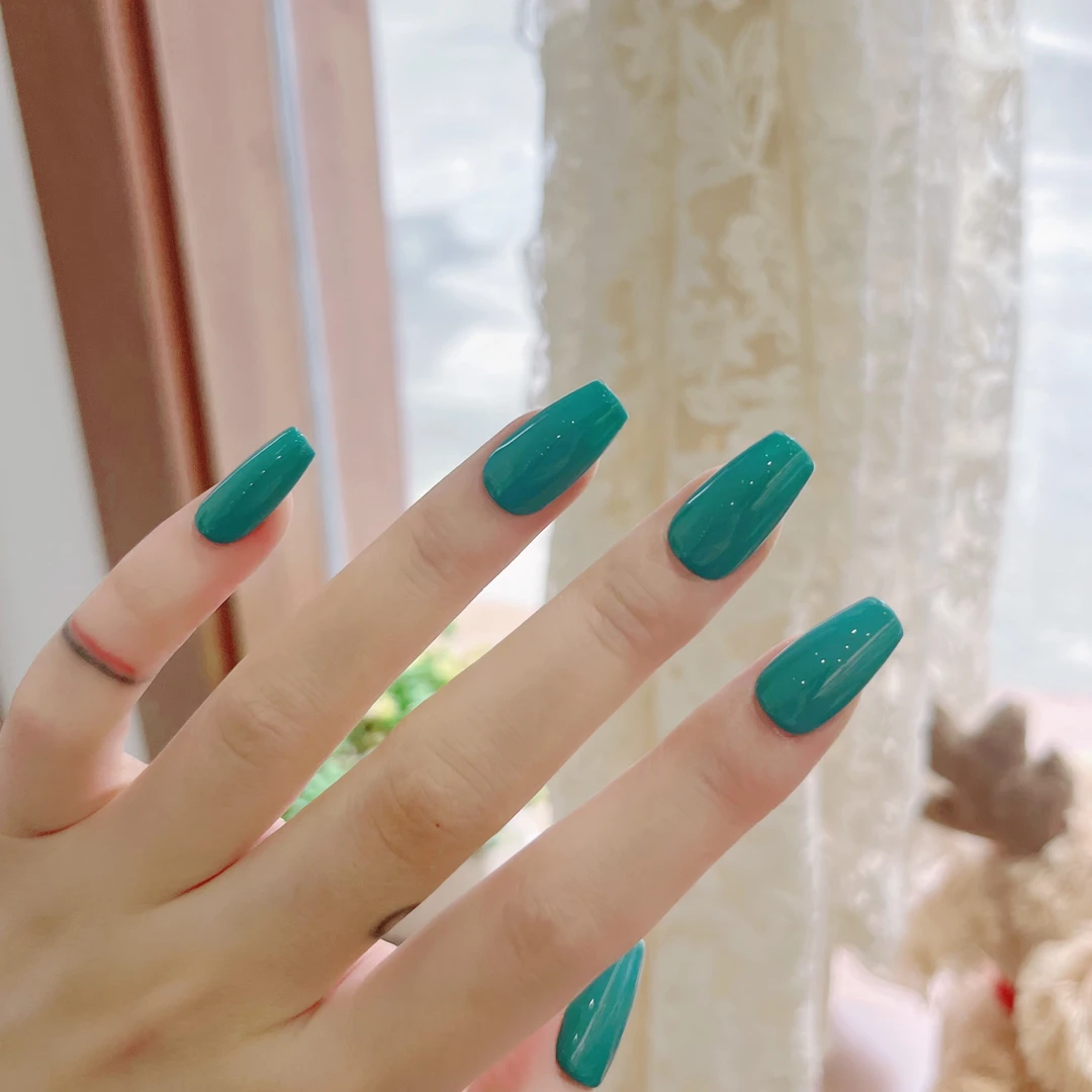 沙绿纯手工穿戴美甲蓝色绿色显白短款气质美甲短款美甲甲片纯色