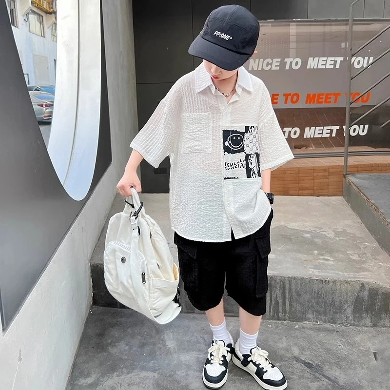 男童夏装衬衫套装2025新款夏季中大童短袖男孩洋气儿童帅气薄款潮