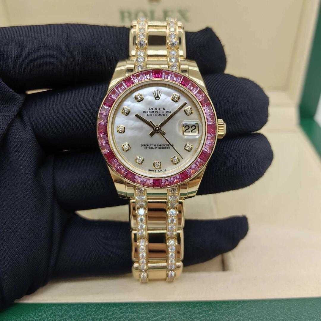 95新 Rolex/劳力士 稀有款珍珠淑女系列81348原盘原镶钻彩宝圈