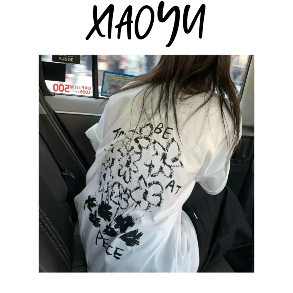 【小花花】S韩系手绘印花宽松短袖百搭显瘦慵懒风短袖上衣百搭