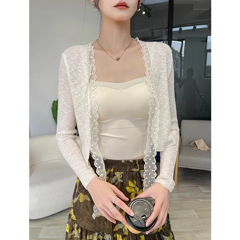 杏色蕾丝拼接针织开衫外套女夏季2025新款外搭披肩防晒罩衫上衣