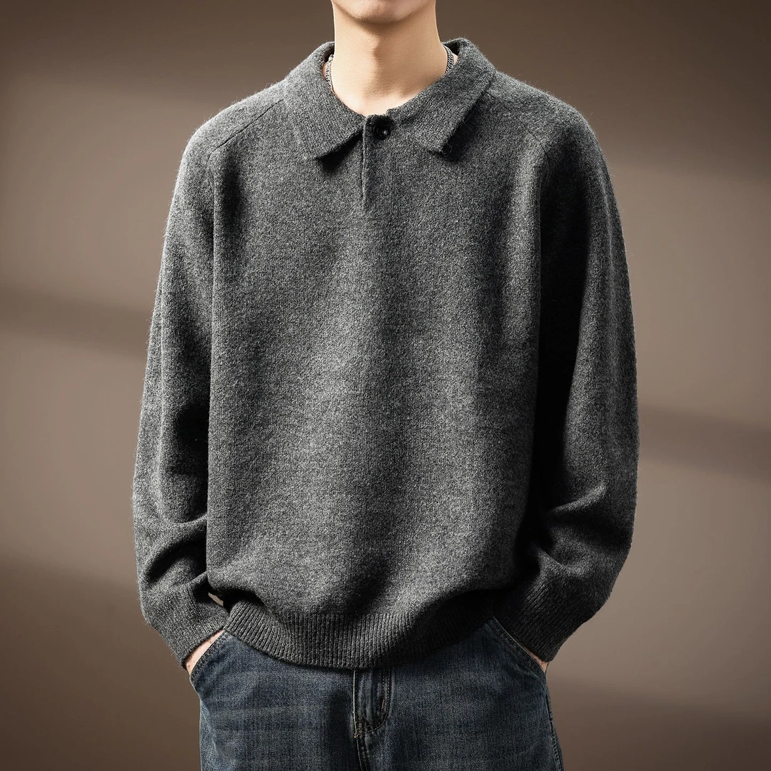 高端老钱风海鸥领毛衣男士秋冬老钱风针织衫一字扣550g重磅Polo衫