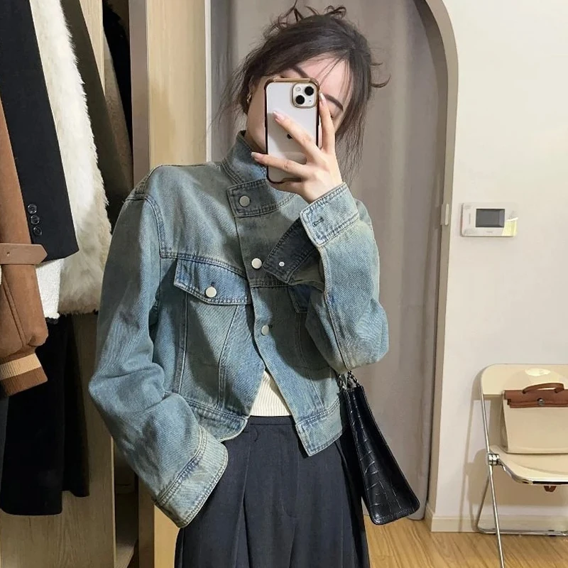 复古做旧半高领牛仔外套女小个子春秋设计感宽松短款休闲夹克上衣