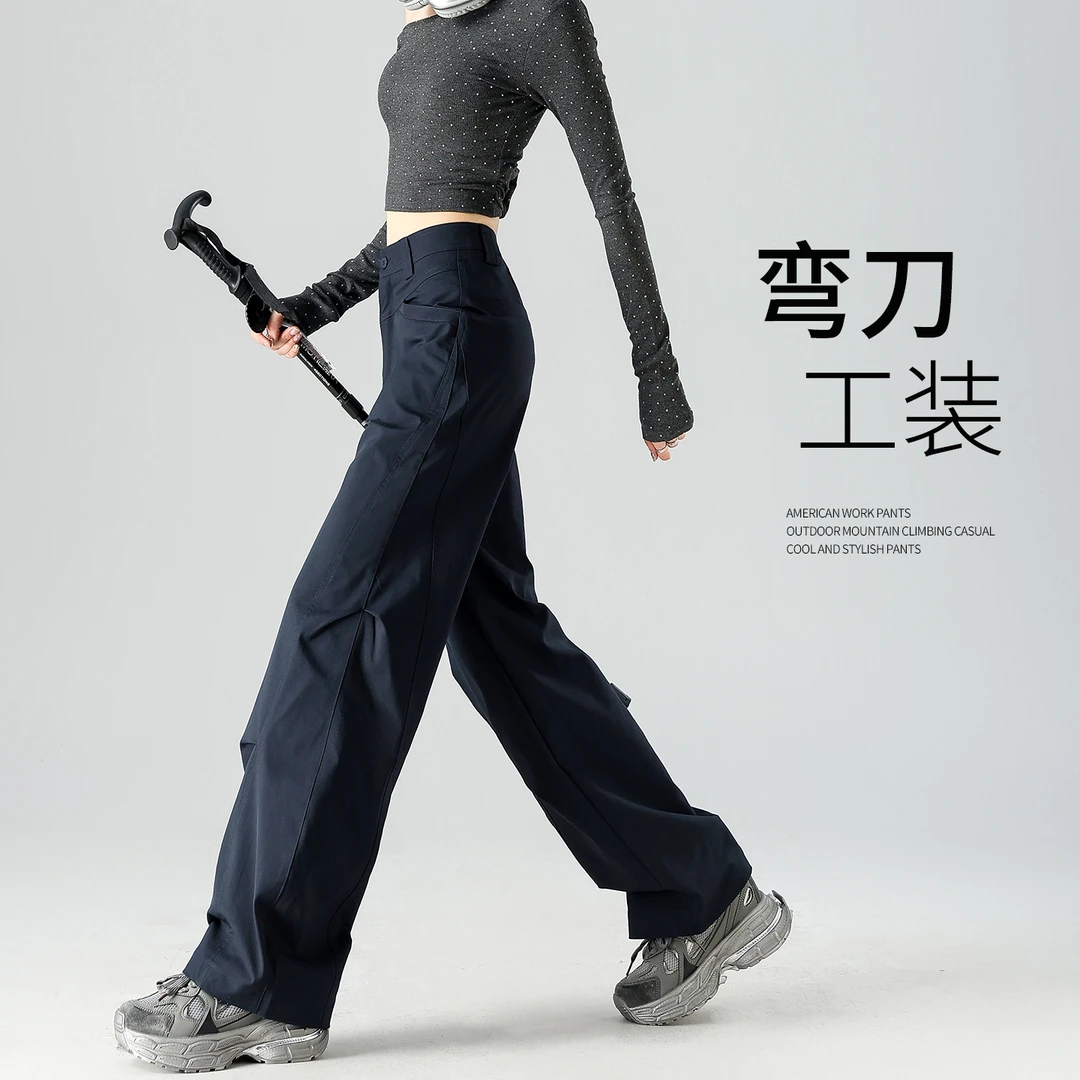 深蓝色弯刀工装裤女款2025新款秋冬小个子休闲女裤显瘦加绒长裤子