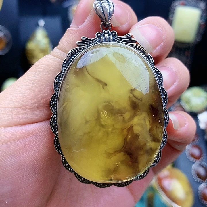 琥珀裸石银S925镶嵌坠