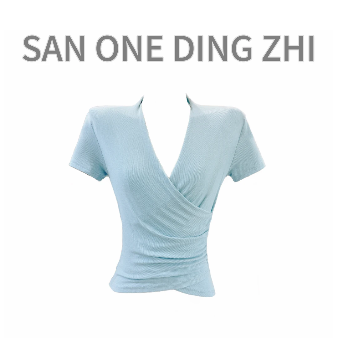 「简欲气质」设计感捏腰修身显瘦短袖上衣别致交叉V领夏季T恤