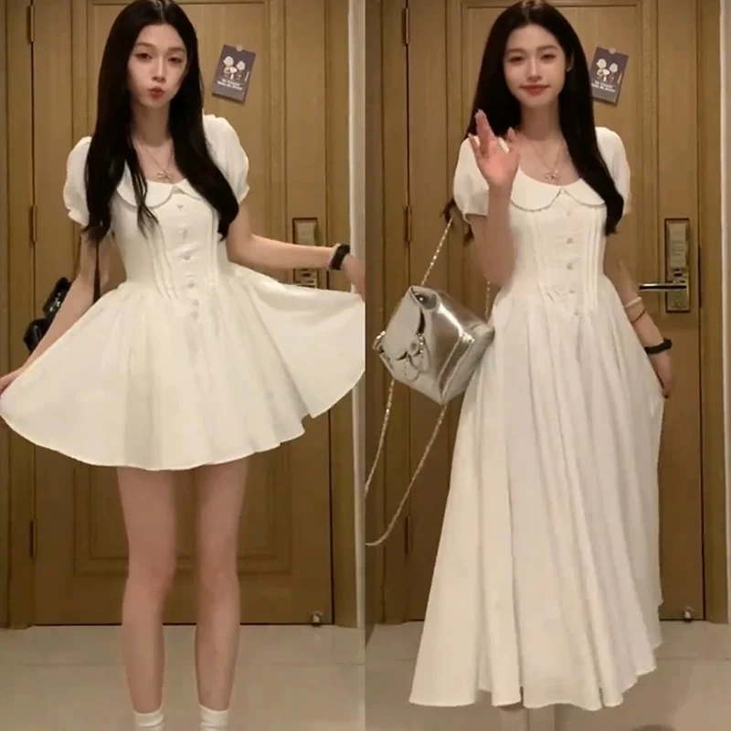 【莹莹推荐】法式甜美温柔娃娃领白色短袖连衣裙新款收腰显瘦A字裙