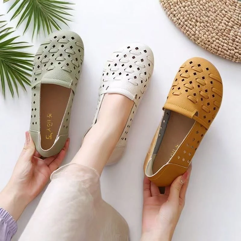 2025夏季新款软底软面百搭休闲平底牛筋底豆豆鞋女透气镂空瓢鞋女