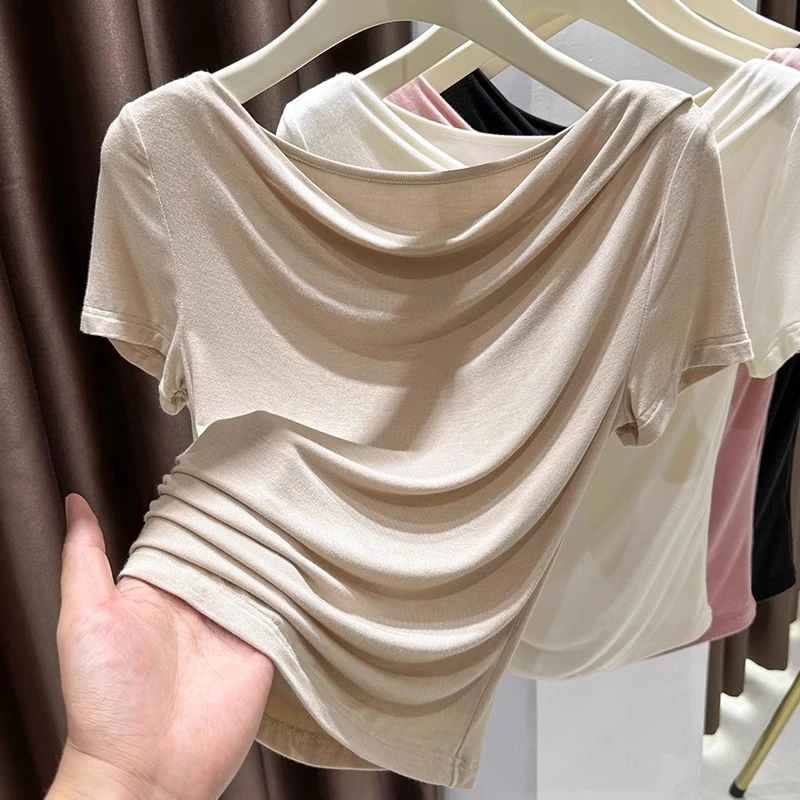 咖色荡领设计甜美短袖女t恤法式收腰洋气软糯超弹小衫高级上衣薄