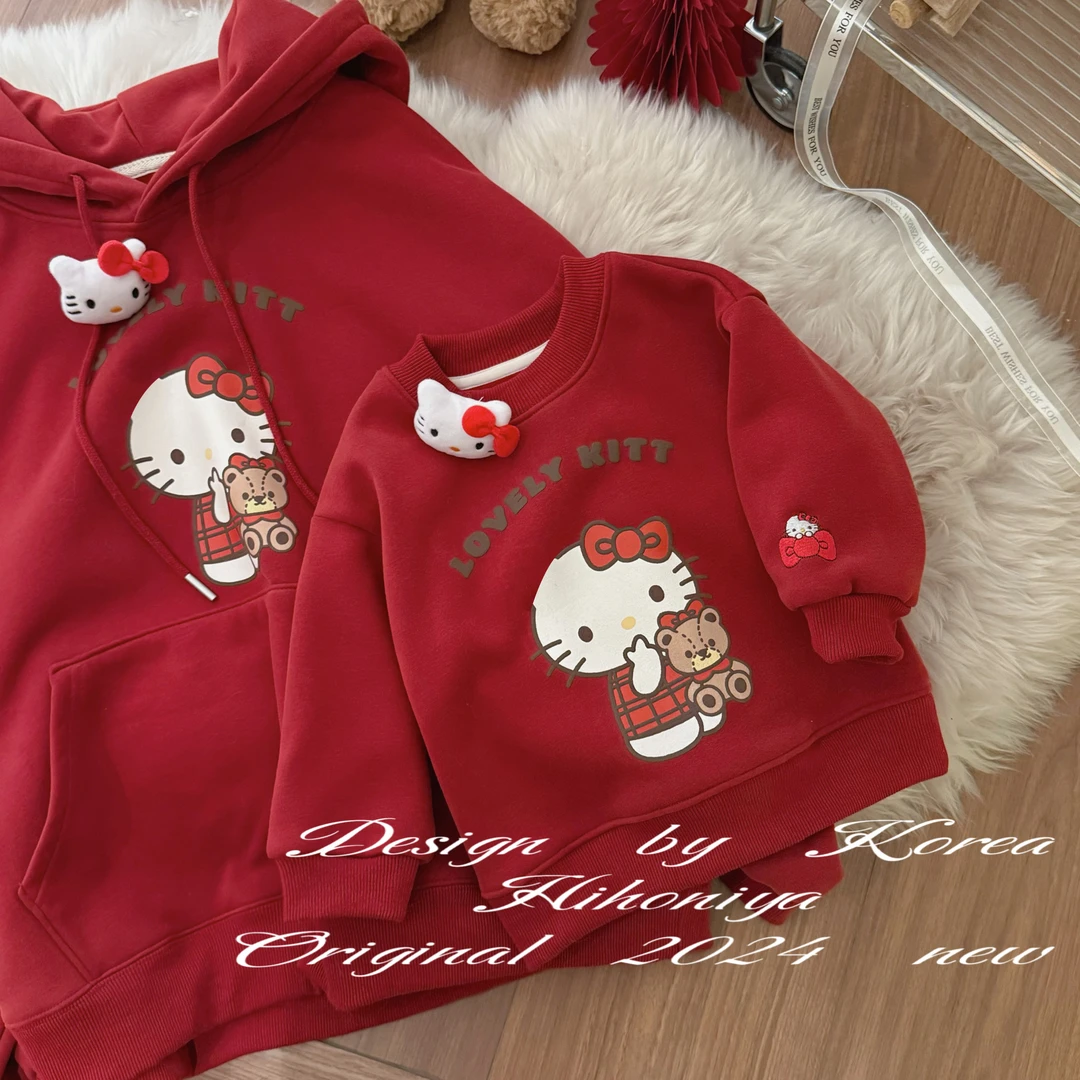 【小熊Kitty】二Hihoniya~2024冬季亲子可爱Kitty加绒韩版连帽卫衣