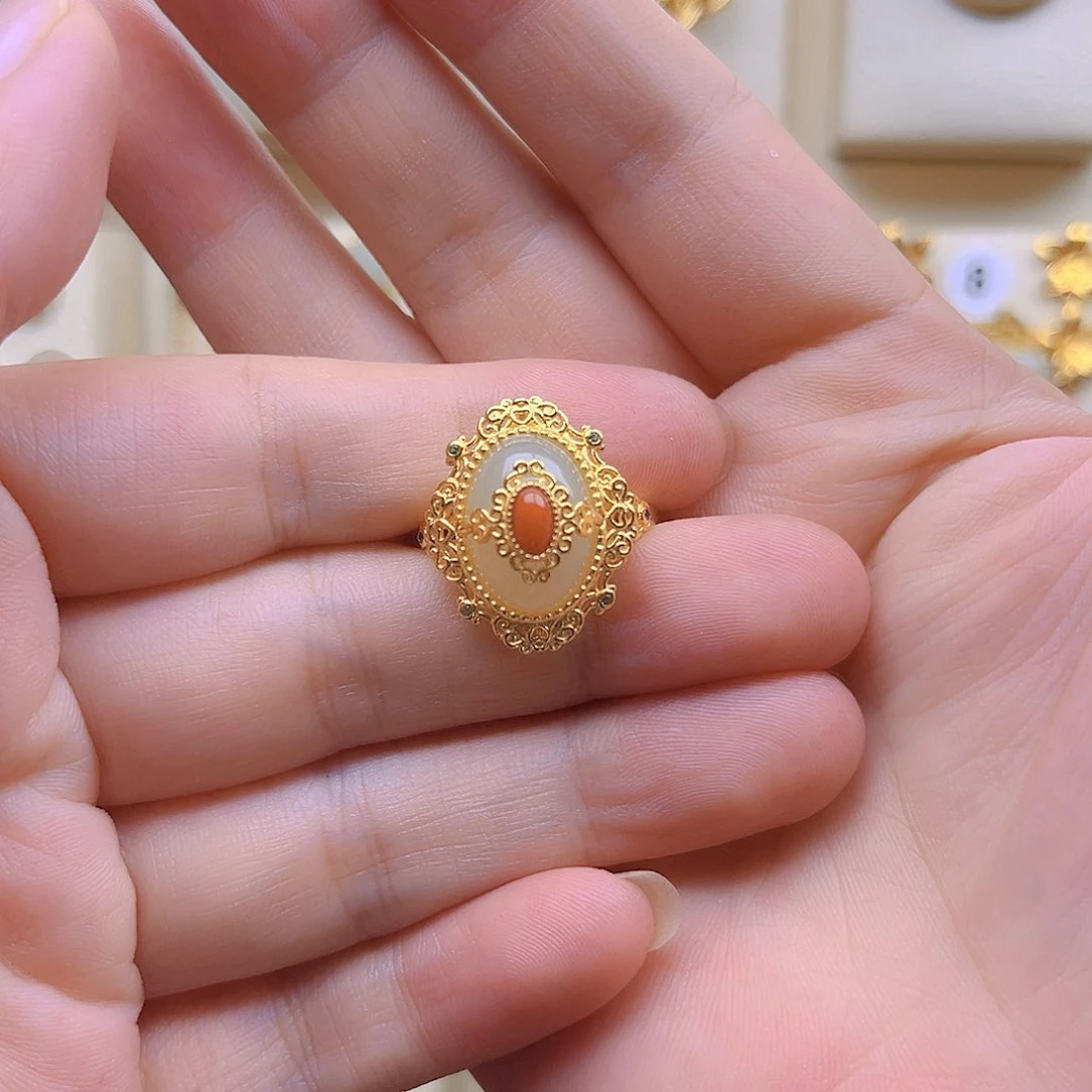 银S925镀金镶嵌戒指和田玉