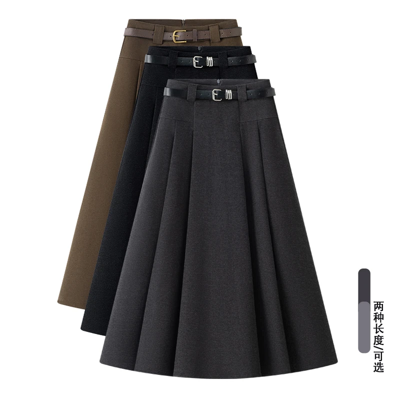 毛呢裙半身裙女中长款冬季百褶裙伞裙2025新款A字高腰灰色长裙子