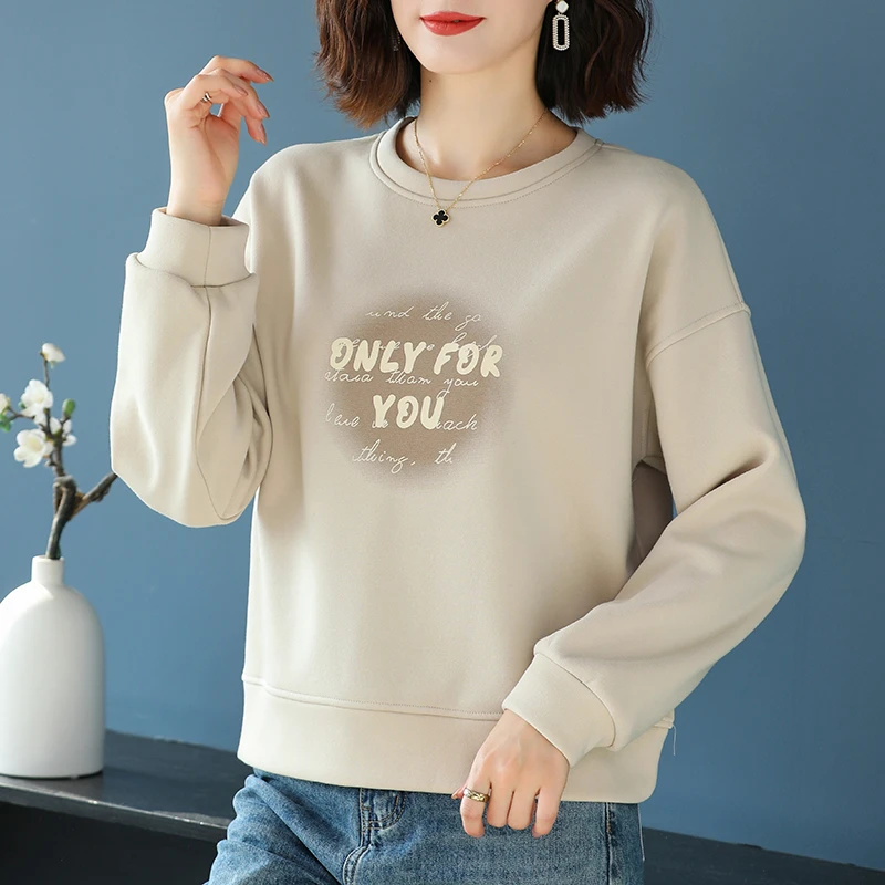 印花圆领卫衣女春款宽松洋气减龄显瘦无帽衣服上衣短款