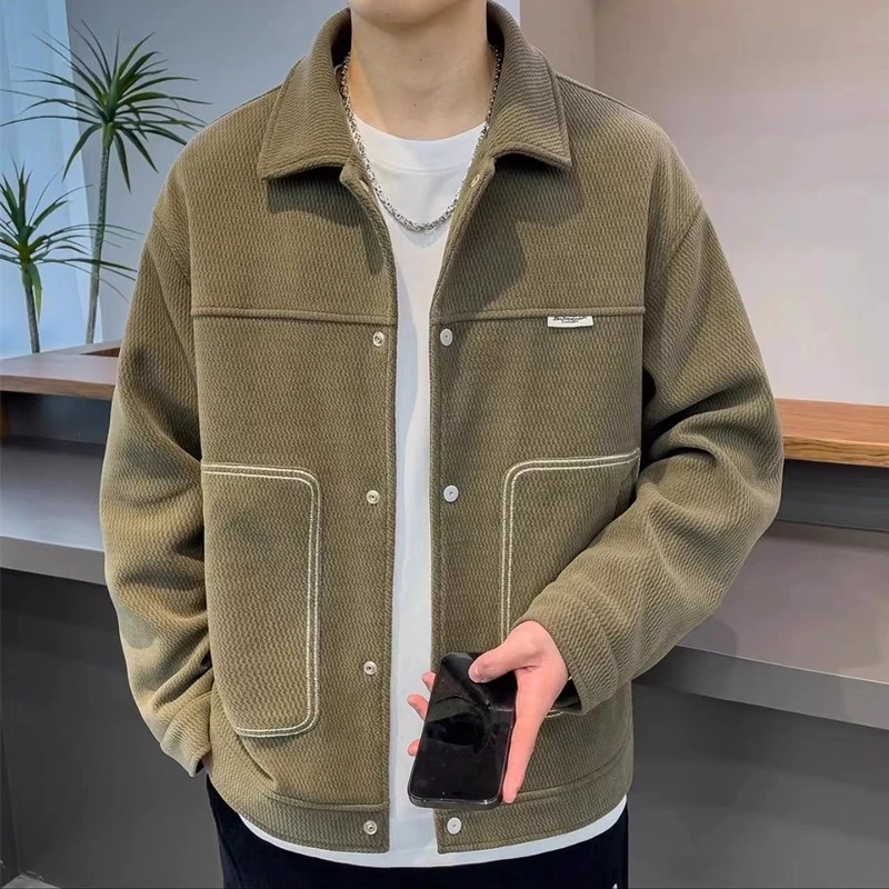 春秋新款男士潮牌高级感帅气翻领百搭外套欧密绒加绒加厚时尚夹克