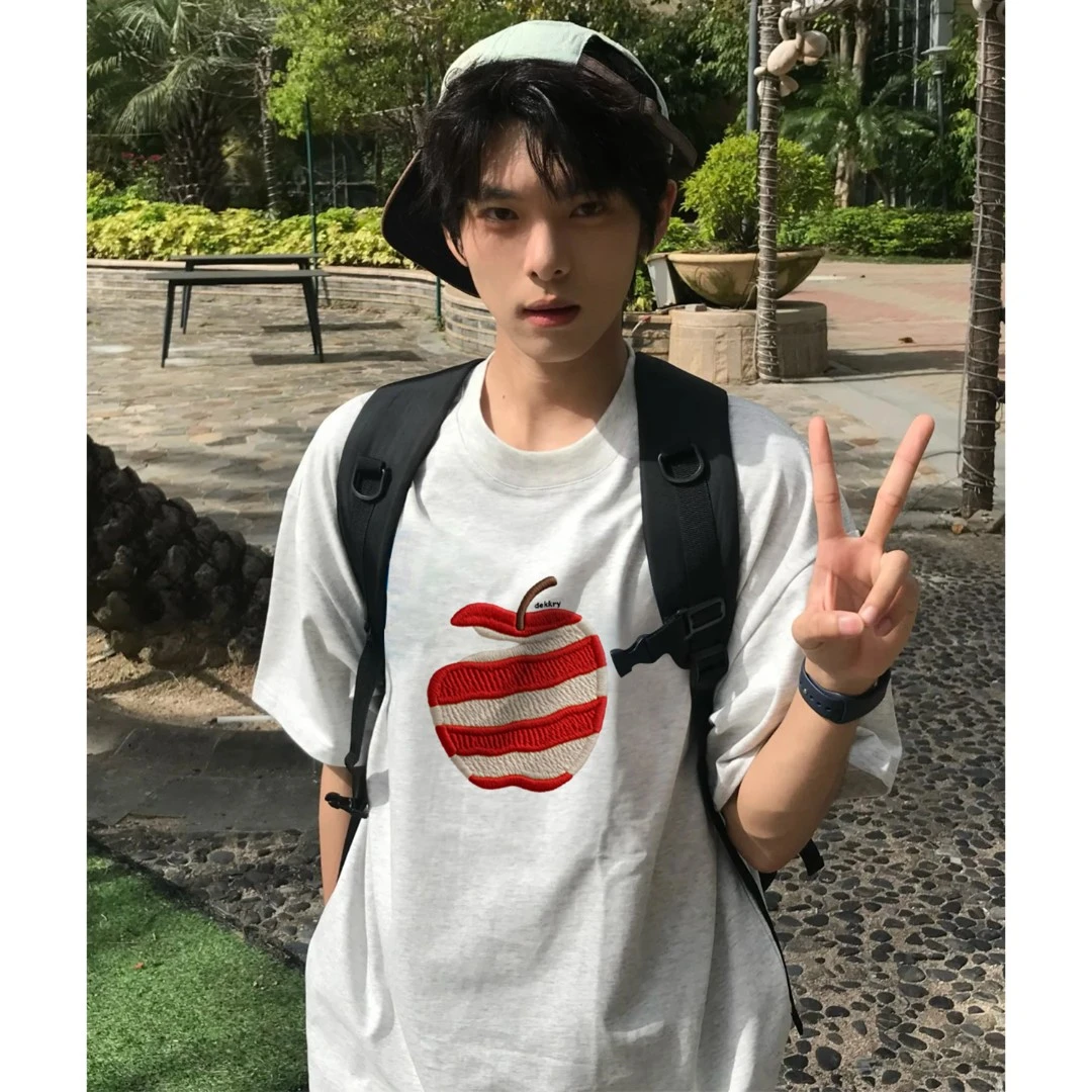 100%纯棉美式仿刺绣削皮苹果印花短袖T恤夏季男女ins休闲百搭上衣