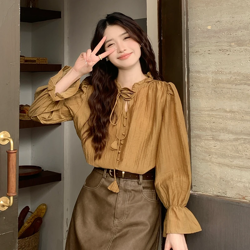 法式气质宽松木耳边系带长袖衬衫女2024新款秋季小众宽松气质上衣