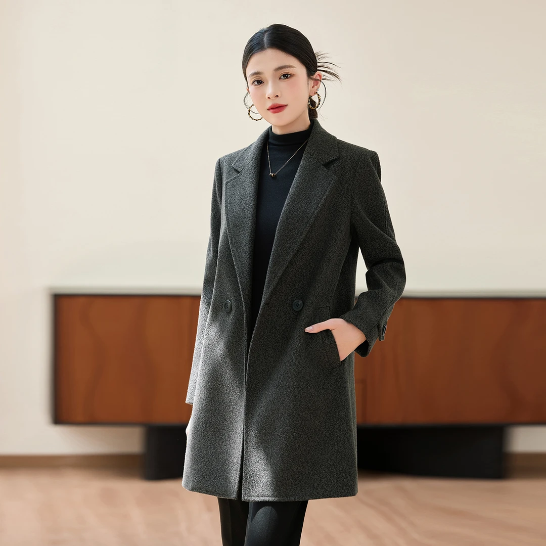 灰色毛呢西装外套女2026新款秋冬高级感小个子呢子保暖中长款风衣
