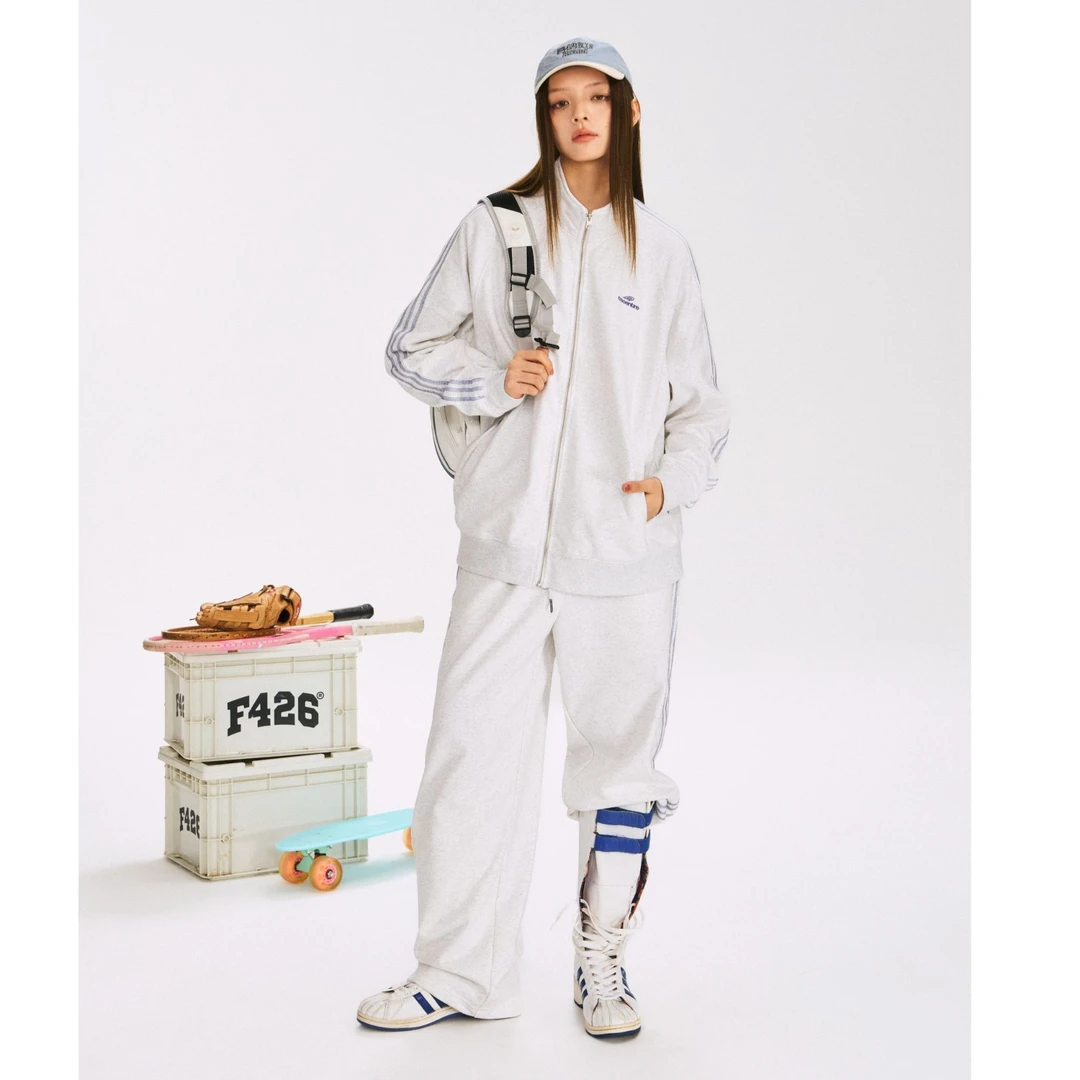 F426国潮春季情侣穿搭撞色翻边车缝线立领开衫卫衣上衣裤子套装XH