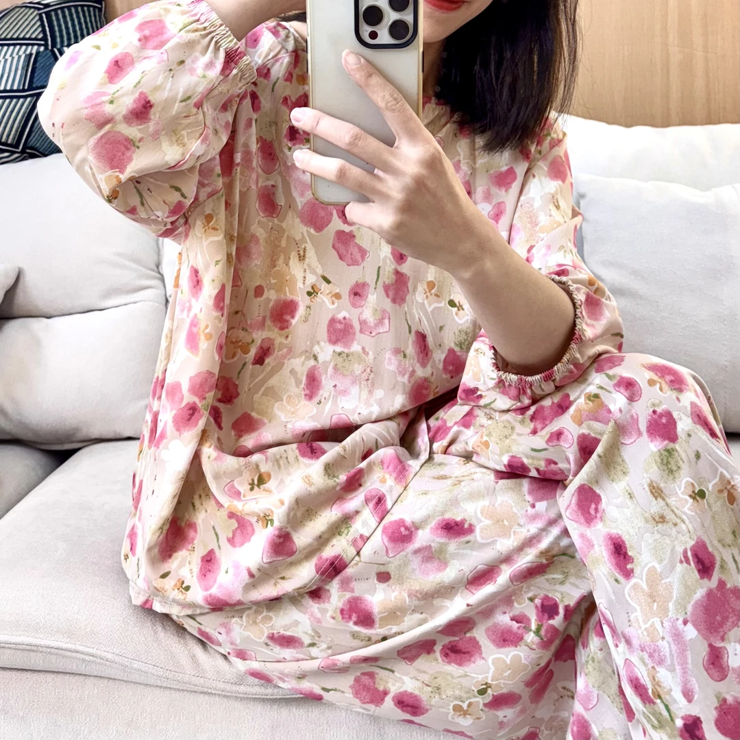 【61-100】棉绸睡衣套装长袖长裤薄款防蚊防晒家居服中国风宽松居家