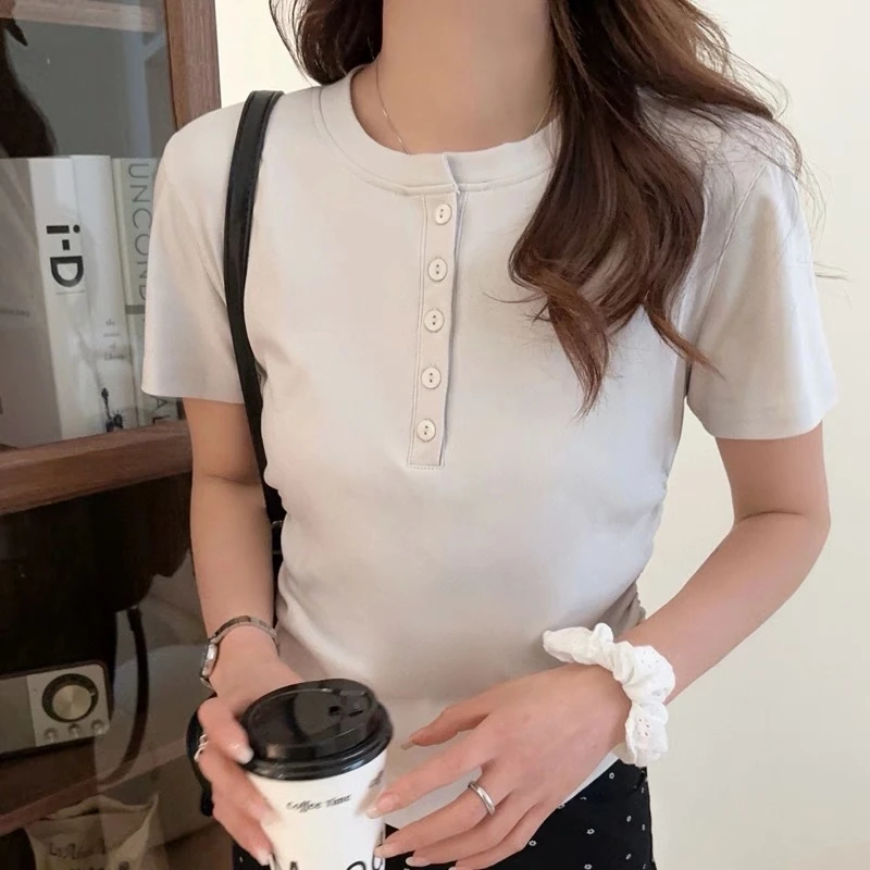 【锦衣服饰】SSJ 25355欧货排扣圆领短袖T