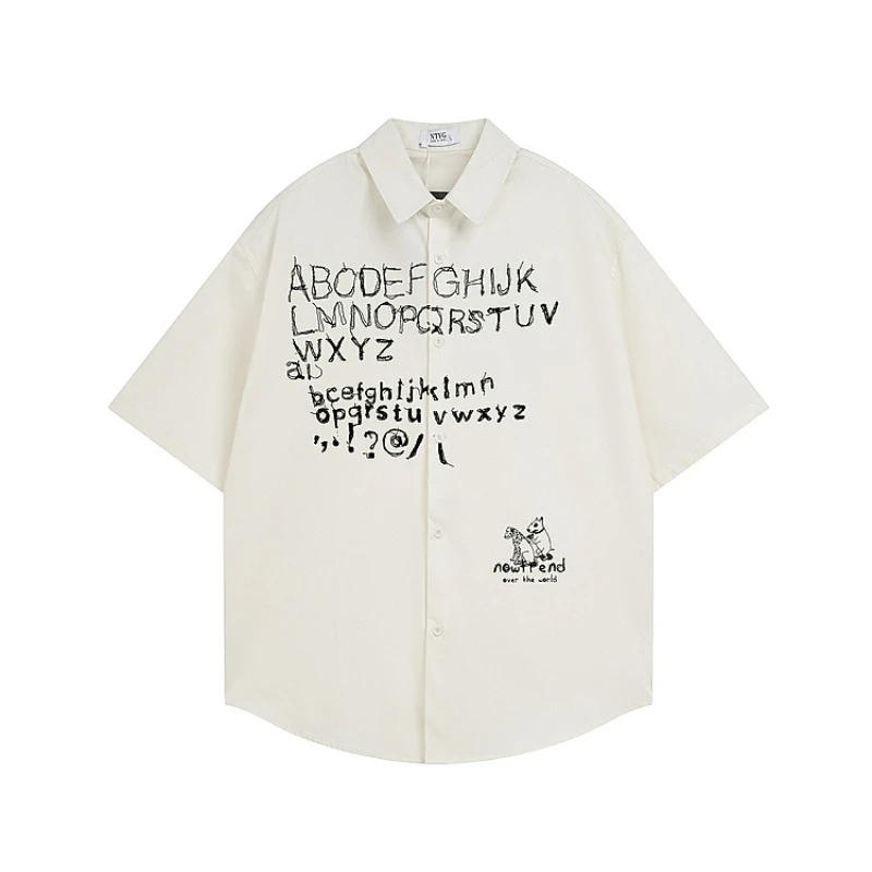 美式嘻哈复古vintage手绘字母印花短袖衬衫男潮牌休闲ins衬衣夏季
