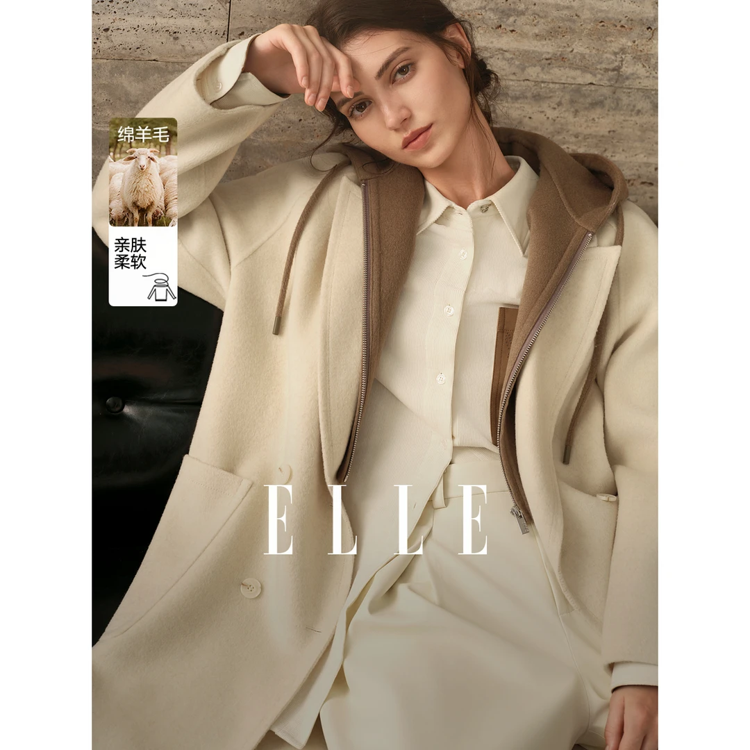 【送打底衫】ELLE山羊绒绵羊毛双面呢大衣女25冬季毛呢外套L8WND257