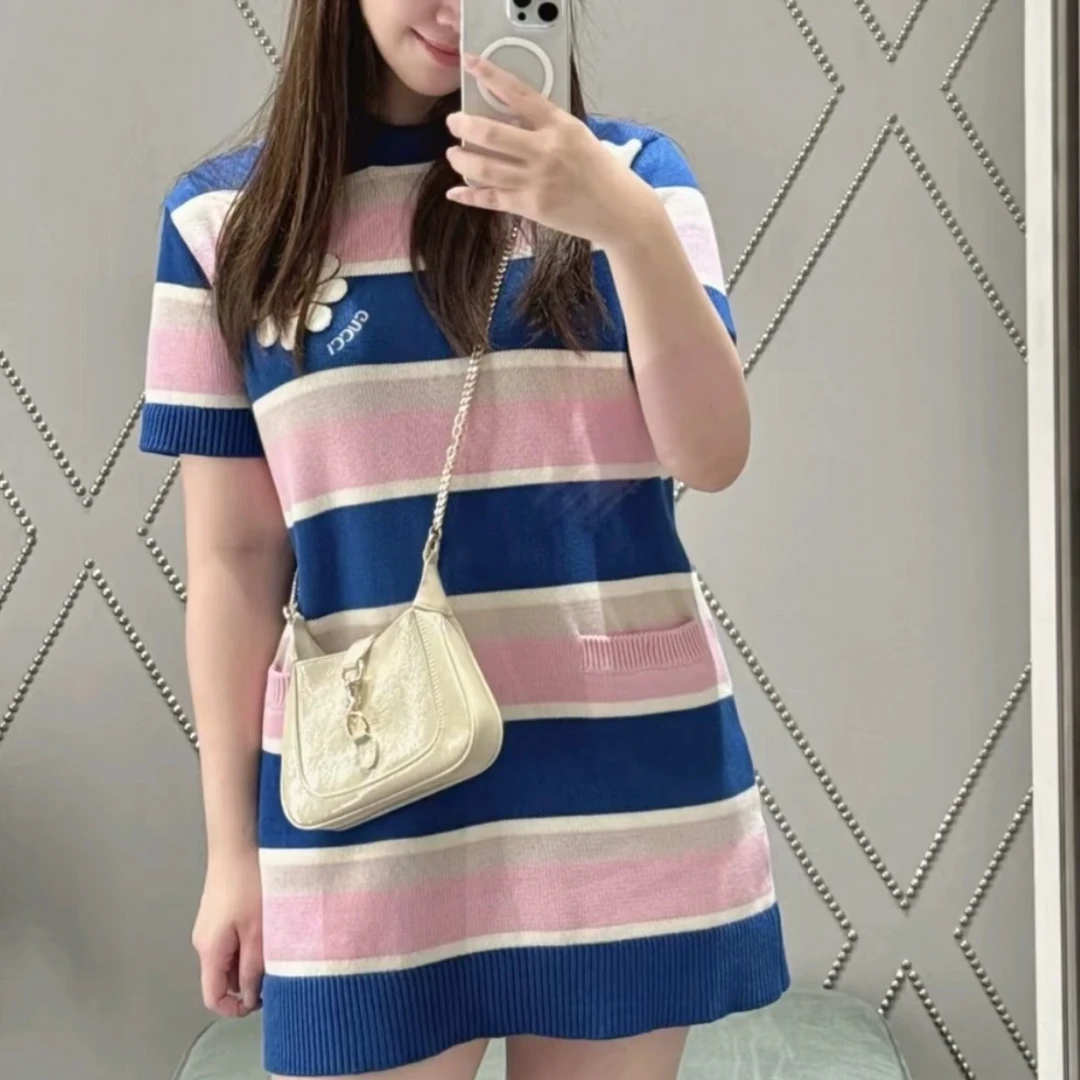 未使用 GUCCI/古驰  圆领条纹针织短袖 粉蓝/S