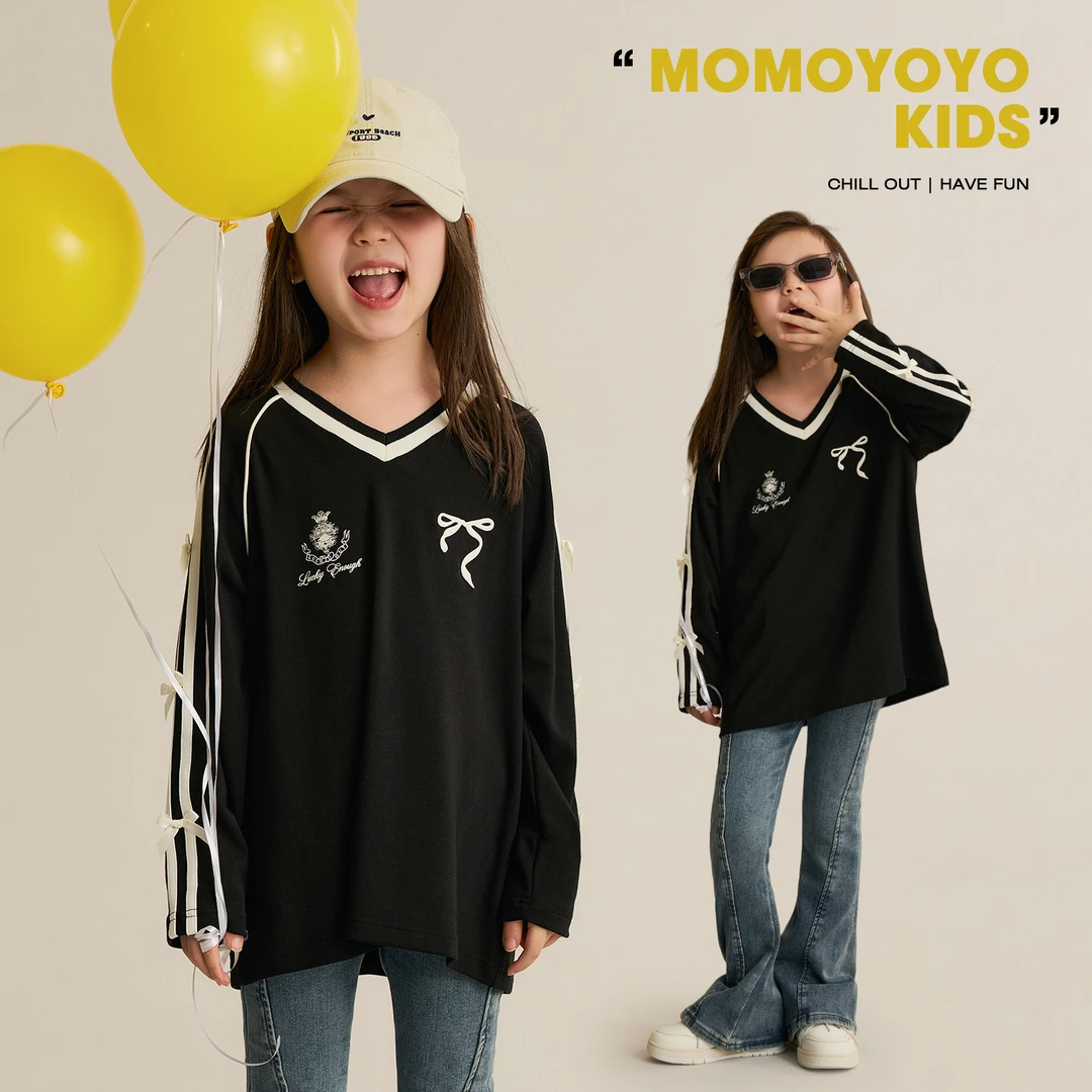 辰辰妈【解锁甜酷】10A抗菌美式复古运动蝴蝶结宽松V领上衣8487D