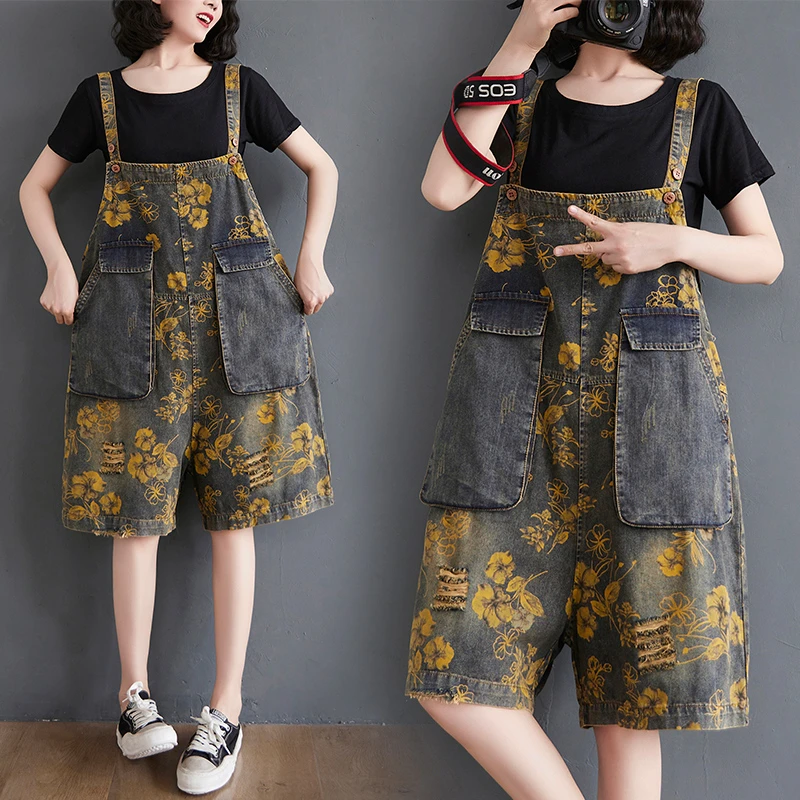 2025年实拍爆款薄款印花大口袋休闲背带裤女裤子牛仔裤连体宽松