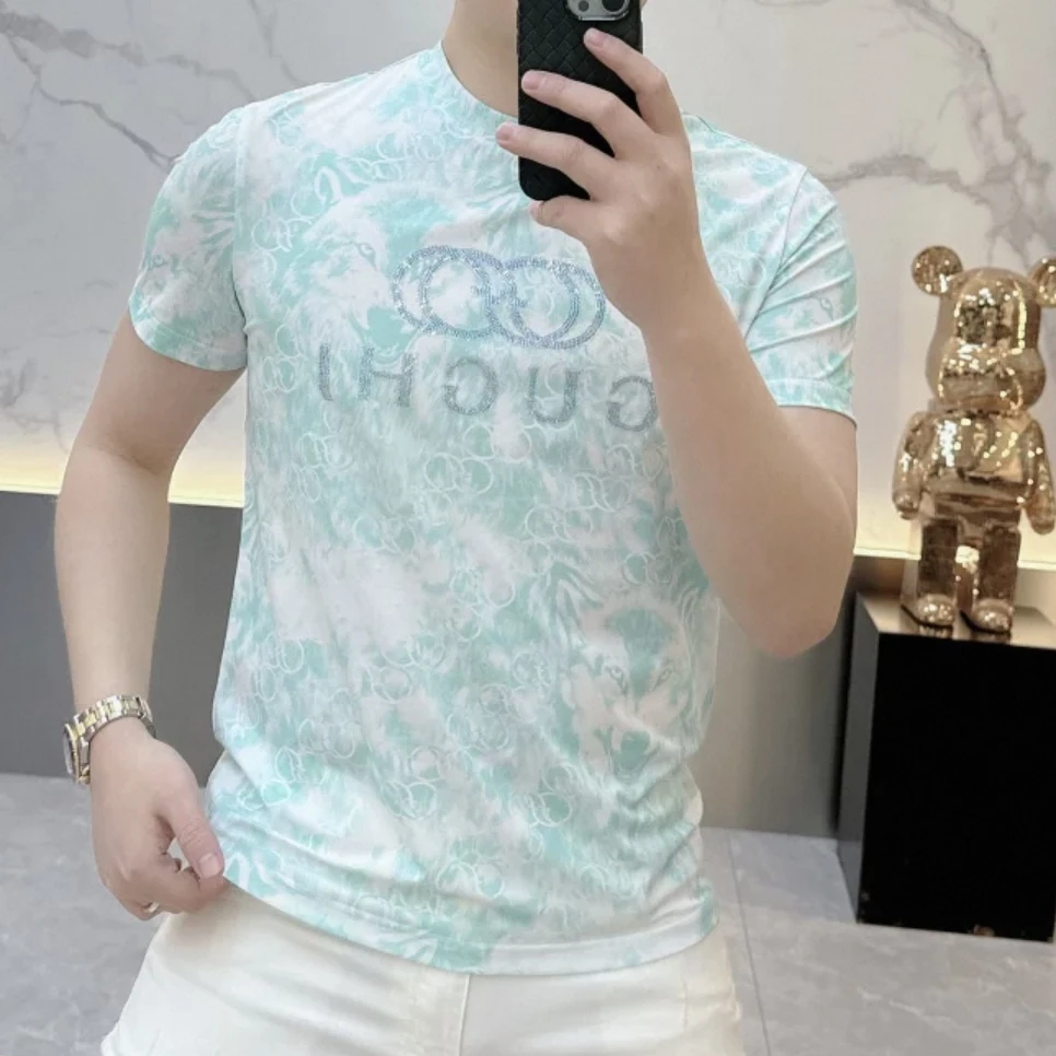 2025夏季新款潮牌欧货网红圆领烫钻短袖T恤男时尚修身个性字母潮T